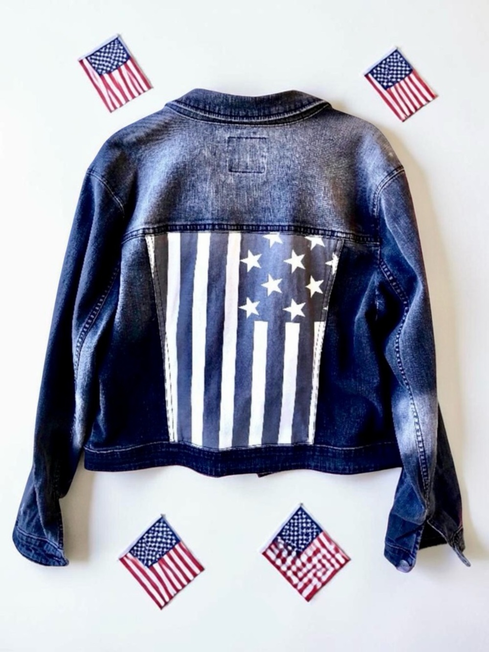 Rock & Republic Women's Black Denim Jacket American Flag Back Sz XL Distressed